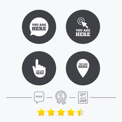 You are here icons. Info speech bubble sign.