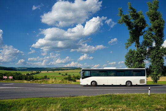 The white bus driving on the asphalt road past the two tall cottonwoods in the countryside under a blue sky with white dramatic clouds.