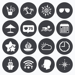 Fototapeta premium Cruise trip, ship and yacht icons. Travel signs.