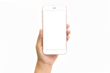 Hand holding smart phone isolated on white background and clipping path inside