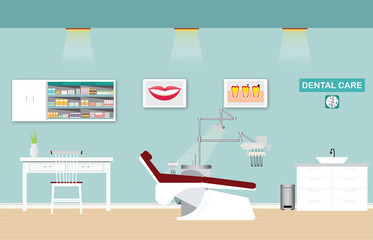 Dental care clinic or dentist office interior.