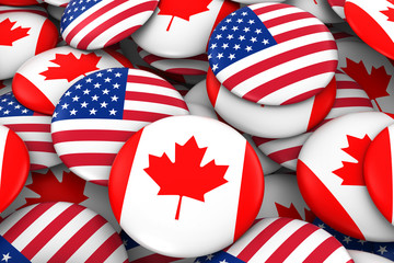 USA and Canada Badges Background - Pile of American and Canadian Flag Buttons 3D Illustration