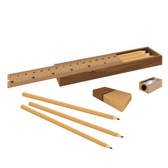 Drawing Box set. Ruler and pencil, eraser with sharpener on white background.