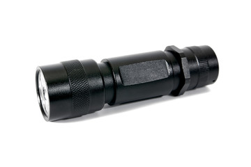 Modern LED flashlight isolated on white background.Flashlight is