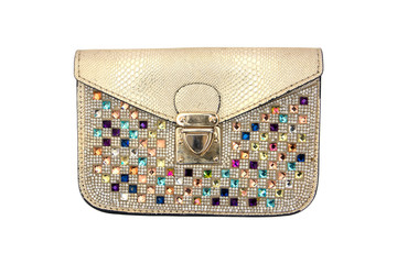 Elegance handbag decorated white colorful jewelry isolated on wh