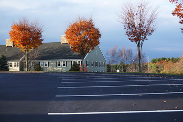 autumn colorful trees in parking lot of residential apartment