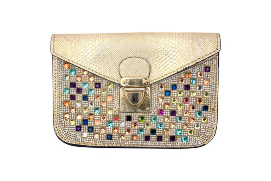 Elegance handbag decorated white colorful jewelry isolated on wh