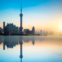 Shanghai skyline in the morning with reflection, Shanghai China