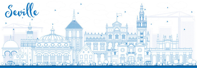 Obraz premium Zarys panoramę Sewilli z niebieskimi budynkami.
