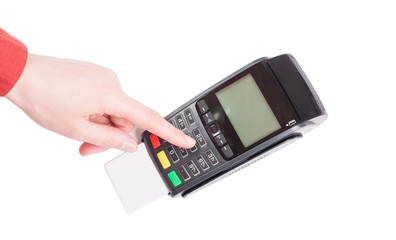 Dialing pin code using pos terminal isolated on white background