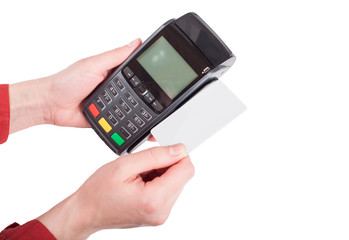  swiping credit card and pos terminal or card machine isolated on white background