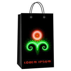 Pattern on package, bag, for example of application. Neon flower on black bag. On textile, fabric, object, paper