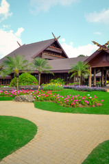 walkway and beautiful flower background at garden 