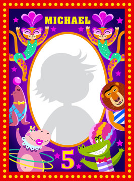 Kids photo frame. Vector illustration with cartoon circus artists: leopard, hippo, lion, crocodile, seal.