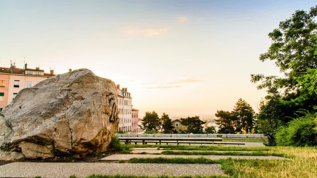 Timelapse 4k of the cityscape of town on the hill during the sunrise Croix-Rousse, Lyon, France 