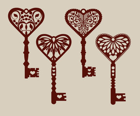 Collection of templates of decorative keys for laser cutting, paper cutting, stencil making. The image is suitable for interior design, props, wedding, Valentine's day, individual creativity