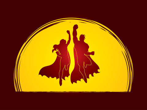 Superhero Man and Woman jumping designed on moonlight background graphic vector.