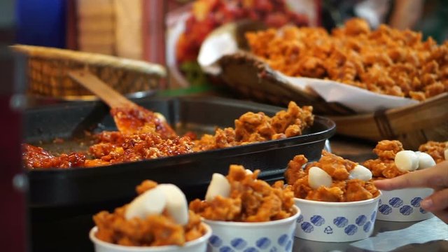 Korean food fried chicken. Famous spicy crispy street food