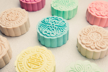 Snowy skin mooncakes. Chinese mid autumn festival foods. Traditi