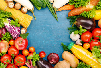 Frame of colorful fruits and vegetables background