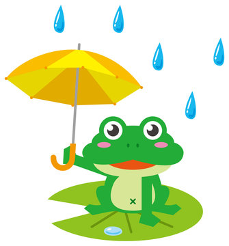 雨降りにカエルが雨傘をさしているイメージイラスト