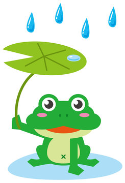 雨降りにカエルが葉っぱ傘をさしているイメージイラスト