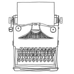 blue old Typewriter with paper  hand drawn cute line art illustr