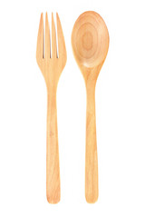 Wooden spoon and fork isolated on a white background