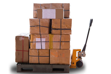 pallet truck stacker with many boxes isolated on white background.This has clipping path.