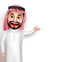 Saudi arab man vector character wearing thobe happy showing empty white space for message and text. Vector illustration.
