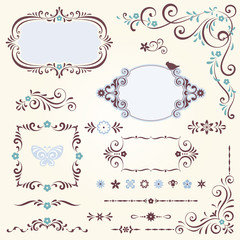 Swirl frames and banners and floral motifs.