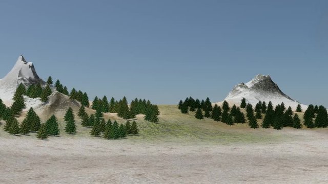 Daylight in the mountain, 3D rendering animation, blue sky and beautiful trees.