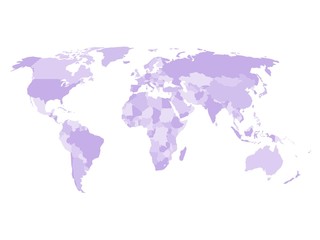 Blank political map of world in four shades of violet and white background. Simplified vector map.