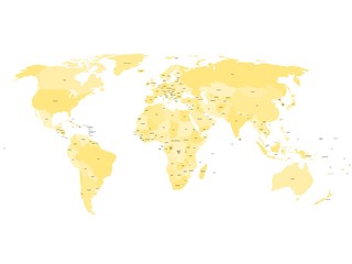 World map with names of sovereign countries and larger dependent territories. Simplified vector map in four shades of yellow on white background.