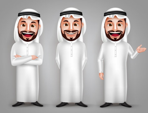 Saudi arab man vector character set with different friendly gesture and professional pose for business purpose. Vector illustration.
