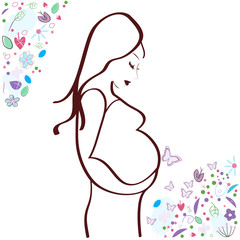 Pregnant woman with flowers. Mother's day vector illustration