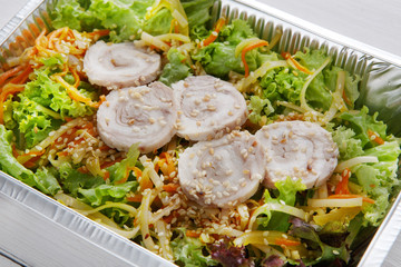 Healthy food in boxes, diet concept.