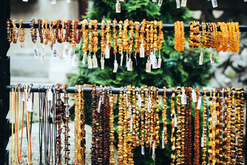 Amber beads for sale on an outdoor in Gdansk. Poland