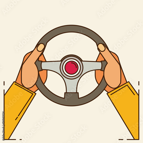 "Hands holding steering wheel, vector illustration in flat style