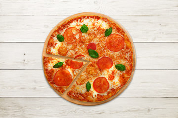 Delicious italian vegetarian pizza Margherita top view at wood