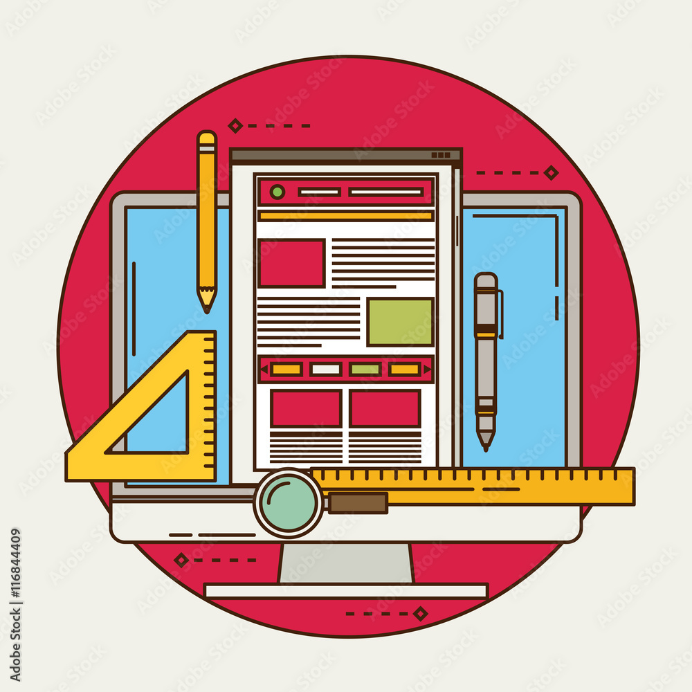 Poster flat vector illustration of web design and development concepts.