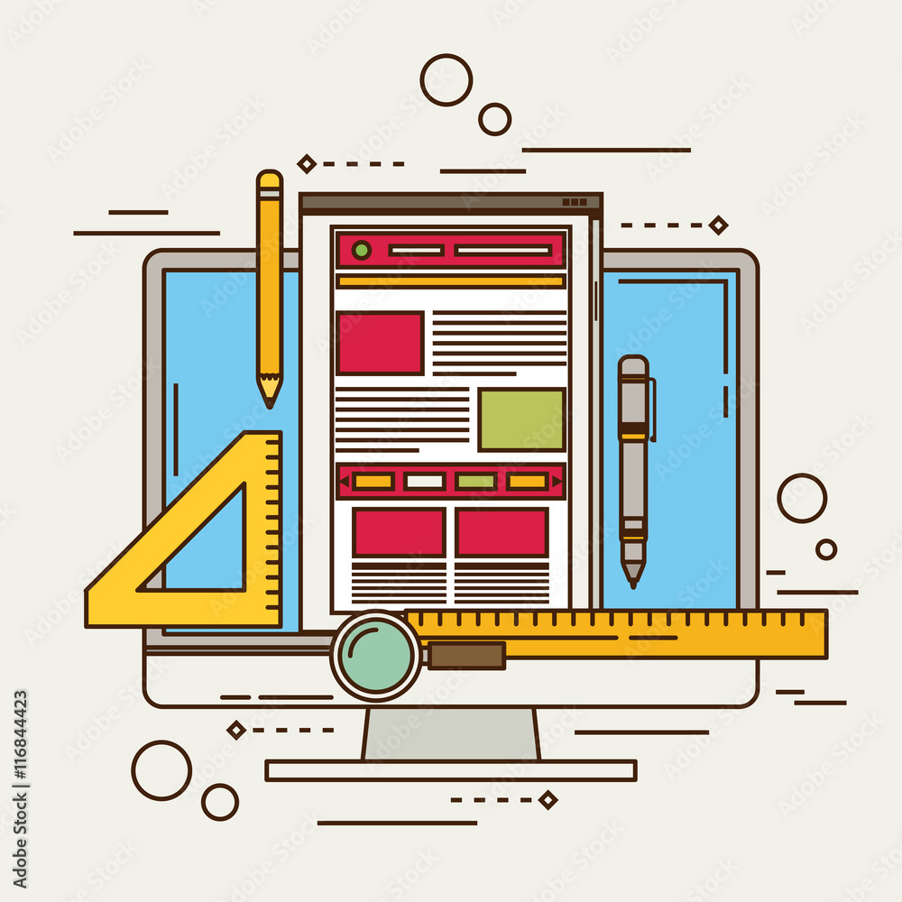 Poster flat vector illustration of web design and development concepts.