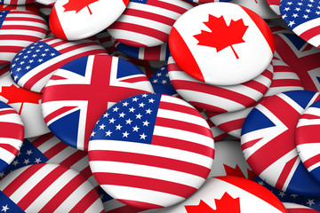 US, UK and Canada Flag Badge Pile Background 3D Illustration