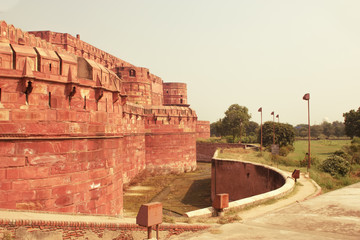 Red Fort Agra Uttar Pradesh India. View of the walls red fort with a moat water castle.