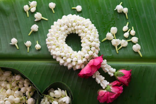 Thai traditional jasmine garland and jasmine on banana leaf that make for mother's day in Thailand.