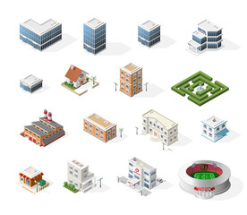 Isometric High Quality City Street Urban Buildings on White Background. 