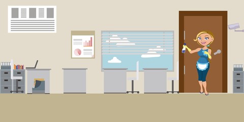 Young woman cleaning office. Cleaning service.