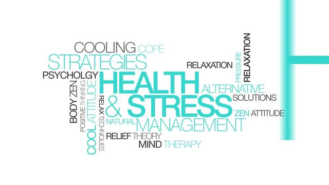 Health & Stress Coping Management Blue Words Turquoise Text Tag Cloud Animation 