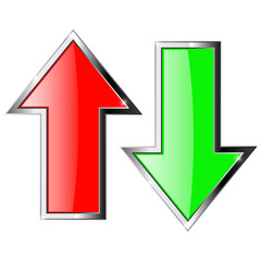 Up and down arrows. Red and green shiny arrow with metal frame