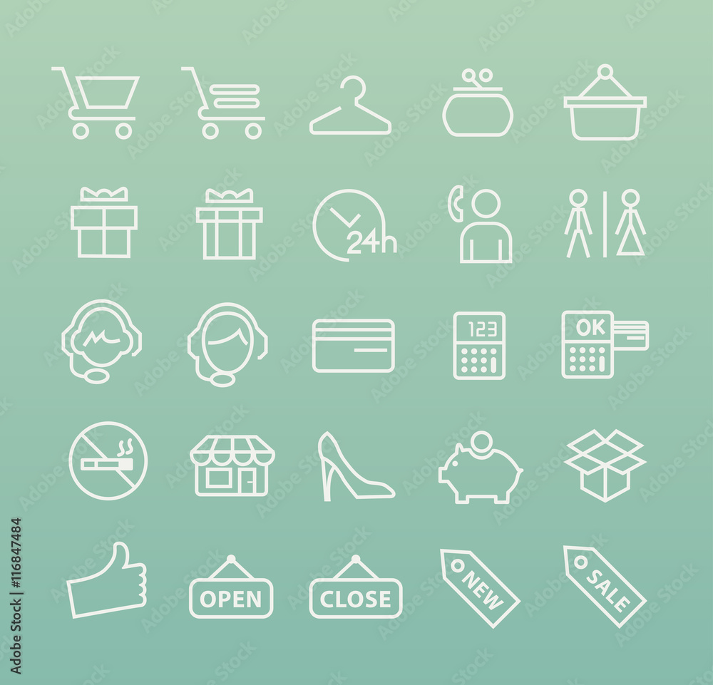 Poster set of universal white minimal simple shopping white thin line icons on color background.